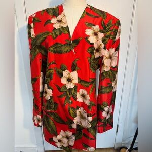 100% SILK Red Women's Blazer with Floral Print